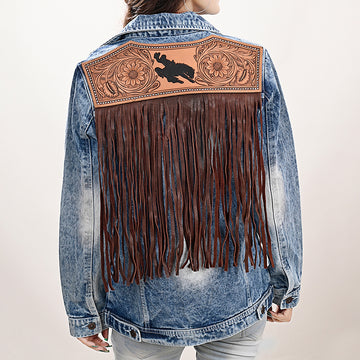 ADJKT022 Genuine leather Hand tooled hand carved Women 100% cotton Denim jacket dress ladies girl